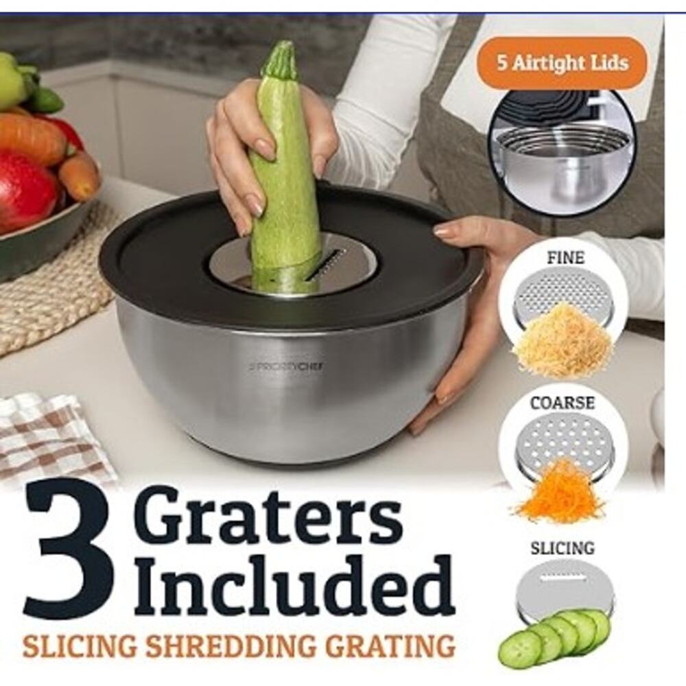 NEW Priority Chef Stainless Steel Mixing Bowls with Lids, 3 Grater Attachments - Picture 3 of 3